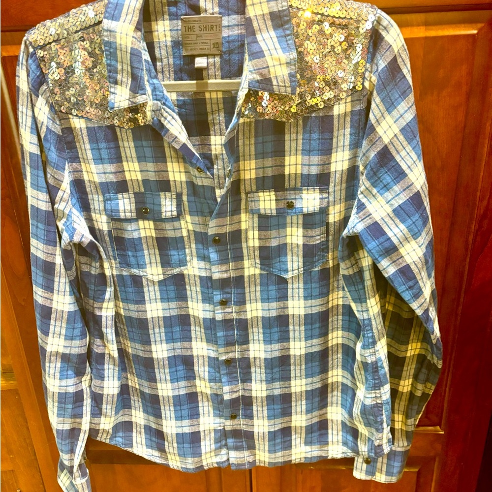Snap western plaid & sequin shirt Lg